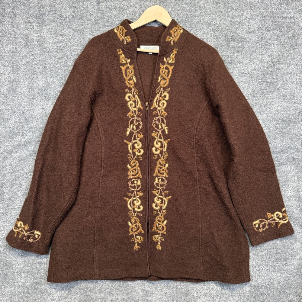 Coldwater Creek Plus 3X Sweater Cardigan Brown Embroidered Wool Mandarin Collar